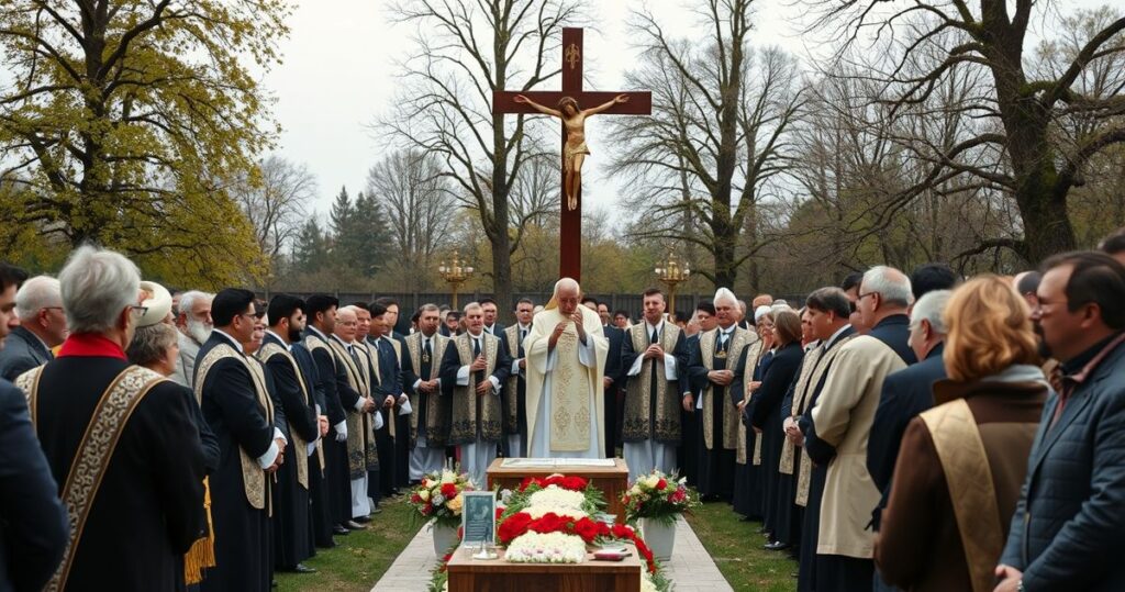 Realistyczne, pełne szacunku zdjęcie katolickiego nabożeństwa upamiętniającego ofiary w Otwocku, ukazujące duchownych i wiernych w tradycyjnych strojach, wyrażających krytykę ekumenizmu i modernistycznych tendencji.