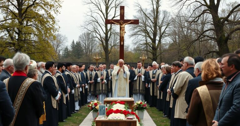 Realistyczne, pełne szacunku zdjęcie katolickiego nabożeństwa upamiętniającego ofiary w Otwocku, ukazujące duchownych i wiernych w tradycyjnych strojach, wyrażających krytykę ekumenizmu i modernistycznych tendencji.