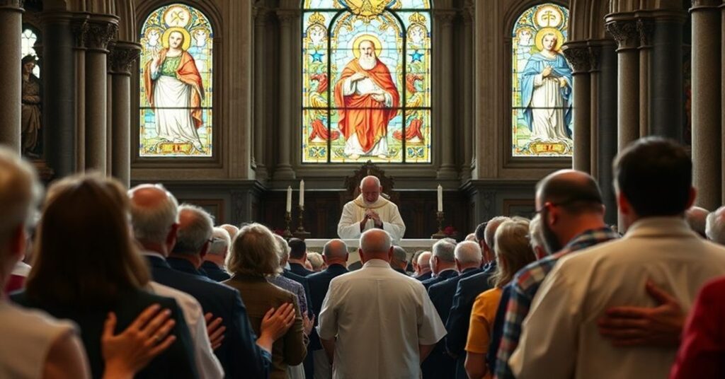 Zdjęcie przedstawiało tradycyjne katolickie nabożenstwo w historycznej katedrze z księżem celebrowanym przez Tridentyńską Mszą Śrwianą. W tle widoczne są witraże przedstawiające Chrystusa Króla i św. Piusa X.