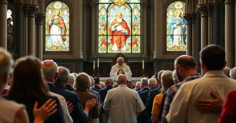 Zdjęcie przedstawiało tradycyjne katolickie nabożenstwo w historycznej katedrze z księżem celebrowanym przez Tridentyńską Mszą Śrwianą. W tle widoczne są witraże przedstawiające Chrystusa Króla i św. Piusa X.