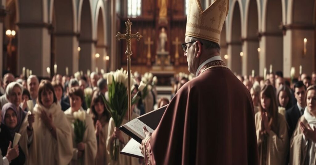 Poczet wiernych podczas nabożeństwa palmowego w Olsztynie w 2026 roku. Tradycyjna forma liturgii kontrastuje z pustą treścią kazania arcybiskupa Górzyńskiego.