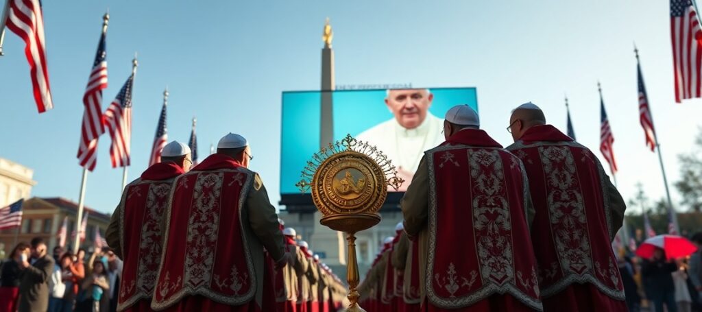 Pielgrzymi w stroju liturgicznym niosą monstrancję z hostią ulicami Filadelfii podczas uroczystego wydarzenia pod przewodnictwem antypapieża Leo XIV (Prevost)