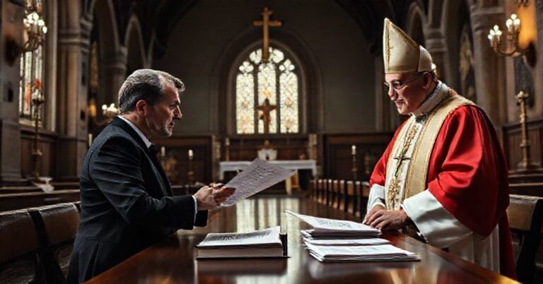 Wnętrze kościoła z poważnym świeckim mężczyzną przedstawiającym dowody finansowych nadużyć zlecenia głównego "biskupa" w tradycyjnych szatach liturgicznych.