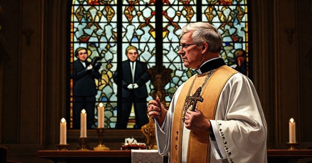 Sobór katolicki z witrażem wyobrażającym rewizję w rezydencji Mar-a-Lago, z księdzem w tradycyjnych szatach świętych w tle.