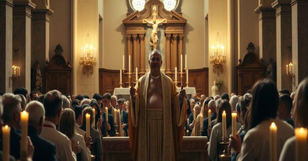 Wnętrze kościoła podczas tradycyjnej mszy łacińskiej z nagim biskupem na ołtarzu, powodującym szok wśród wiernych