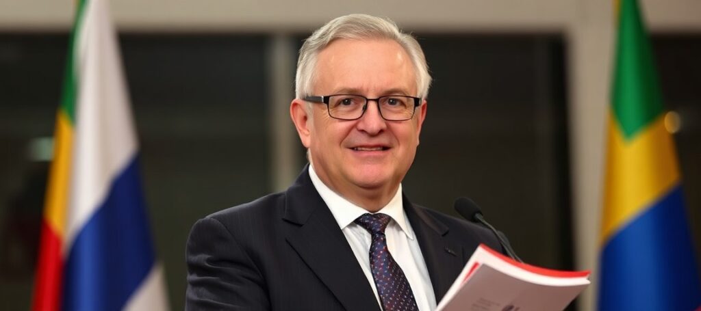 Prof. Adam Glapiński otrzymuje nagrodę Lámfalussy Award przed budynkiem banku centralnego z flagami Polski i Węgier