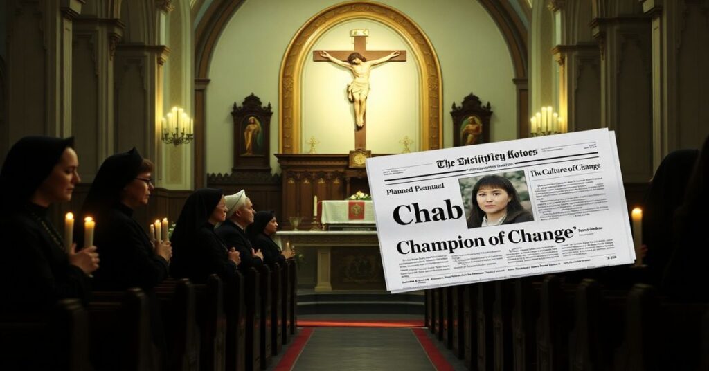 Tradycyjny wnętrze kościoła z modlącymi się katolikami i tekstem o nagrodzie Pink od Planned Parenthood