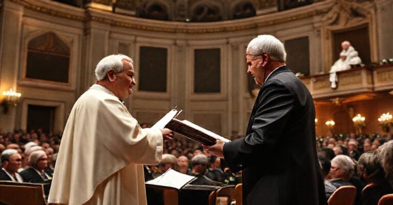 Solemne chwile podczas "Koncertu Bożonarodzeniowego" w Auli Pawła VI w Watykanie, gdzie Riccardo Mutio otrzymuje Nagrodę Ratzingera od "Papieża" Leona XIV. Scena jest ozdobiona modernistycznymi elementami łączącymi sakrum i profanum.