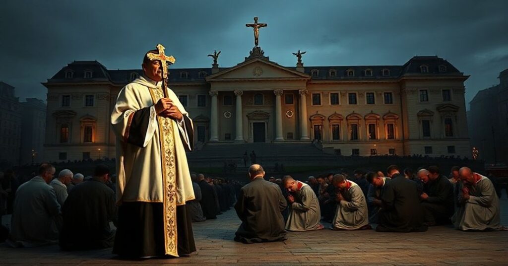 Ksiądz w ornaty trzymający krzyż przed grupą modlących się katolików przed budynkiem Parlamentu Europejskiego w ciemności