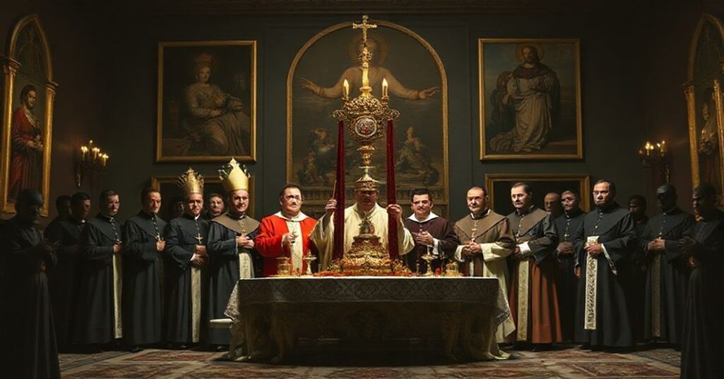 Zdjęcie przedstawiaje ciemną salę z modernistycznymi fryzami i fałszowymi kapłanami celebrującymi nagrodę dziennikarską "Ślad".