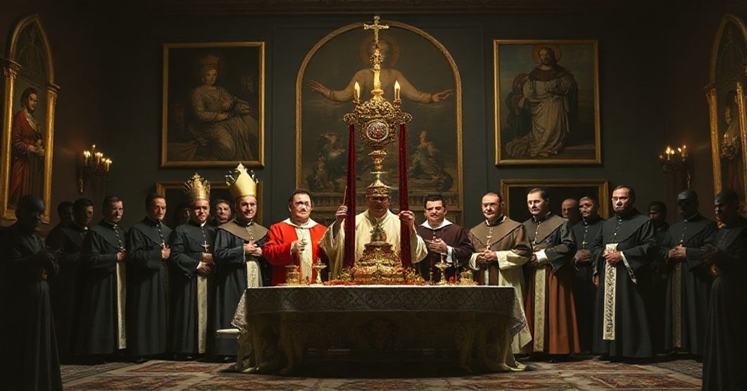 Zdjęcie przedstawiaje ciemną salę z modernistycznymi fryzami i fałszowymi kapłanami celebrującymi nagrodę dziennikarską "Ślad".