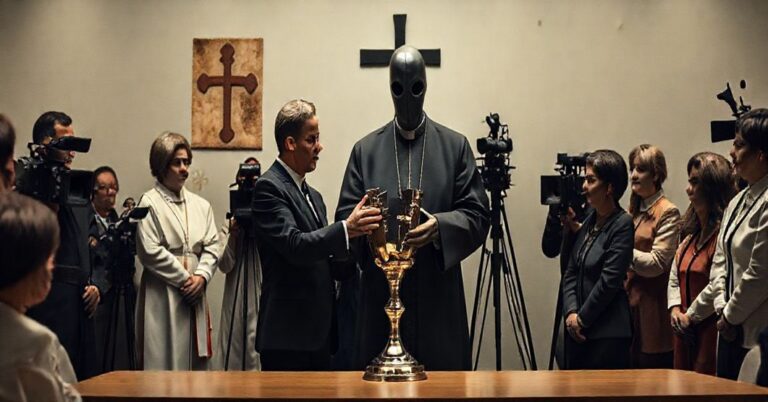 Realistyczne zdjęcie wręczenia nagrody "Ślad" w Domu Arcybiskupów Warszawskich - modernistyczne celebrowanie apostazji pod maską katolicyzmu.