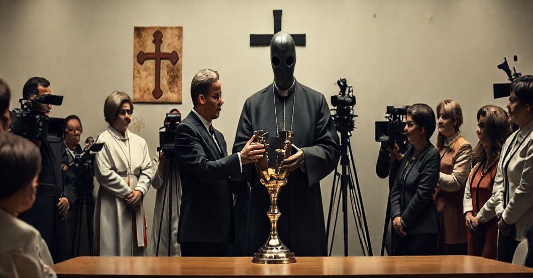 Realistyczne zdjęcie wręczenia nagrody "Ślad" w Domu Arcybiskupów Warszawskich - modernistyczne celebrowanie apostazji pod maską katolicyzmu.