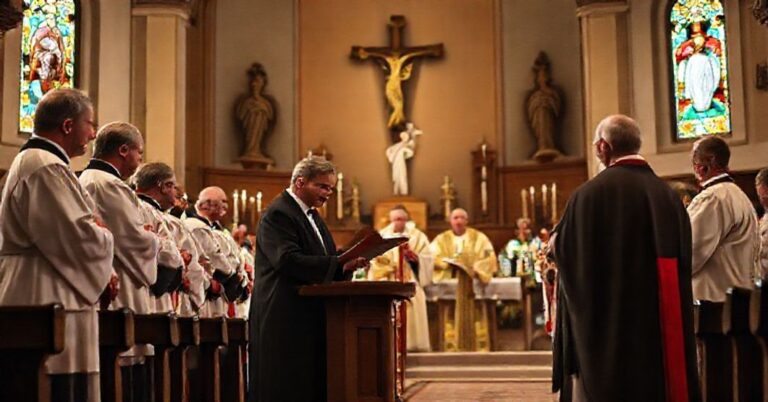 Cerkiewny wnętrze z tradycyjnymi elementami katolickimi podczas uroczystości wręczenia nagrody dziennikarskiej "Ślad"