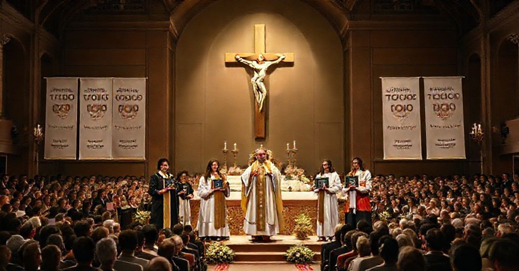 Uroczysta ceremonia wręczenia nagród TOTUS TUUS w warszawskim Zamku Królewskim. W tle widoczny jest krzyż i transparenty z hasłem 'Cywilizacja Miłości'