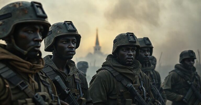 Grupa młodych afrykańskich najemników w wojennej strefie Donbasu z widocznym kościołem na tle.