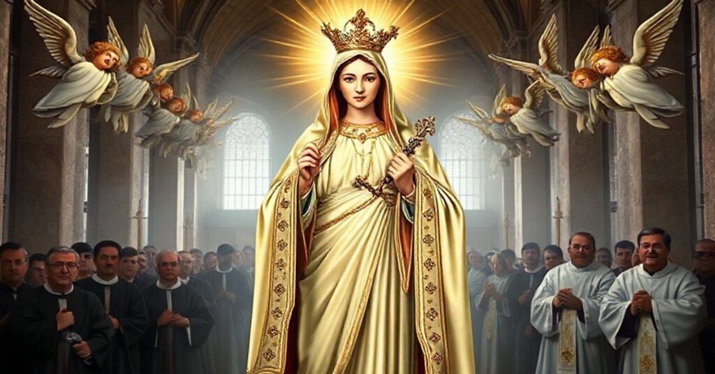 Tradycyjny katolicki obraz przedstawiający Najświętszą Maryję Pannę w królewskich szatach z promieniami boskiego światła, otoczoną przez anioły. Przedstawia ją jako Współodkupicielkę i Pośredniczkę Wszystkich Łask podczas tradycyjnej mszy łacińskiej.