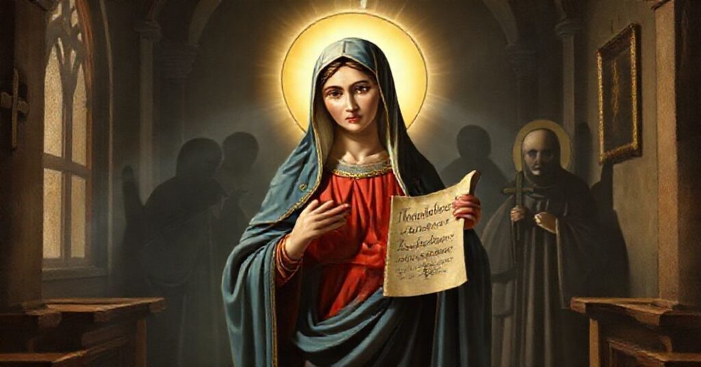 Najświętsza Maryja Panna w tradycyjnym kościełu katolickim, otoczona blaskiem boskim, z troskliwym wyrazem twarzy. W tłu tłumą się postacie modernistycznych herezjarchłw.