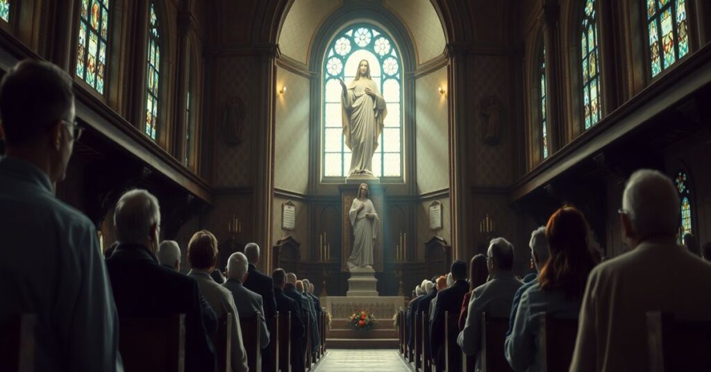 Obraz przedstawiający wnętrze tradycyjnego kościoła katolickiego w Paray-le-Monial z rzeźbą Najświętszego Serca Jezusa i modlącymi się pielgrzymami.