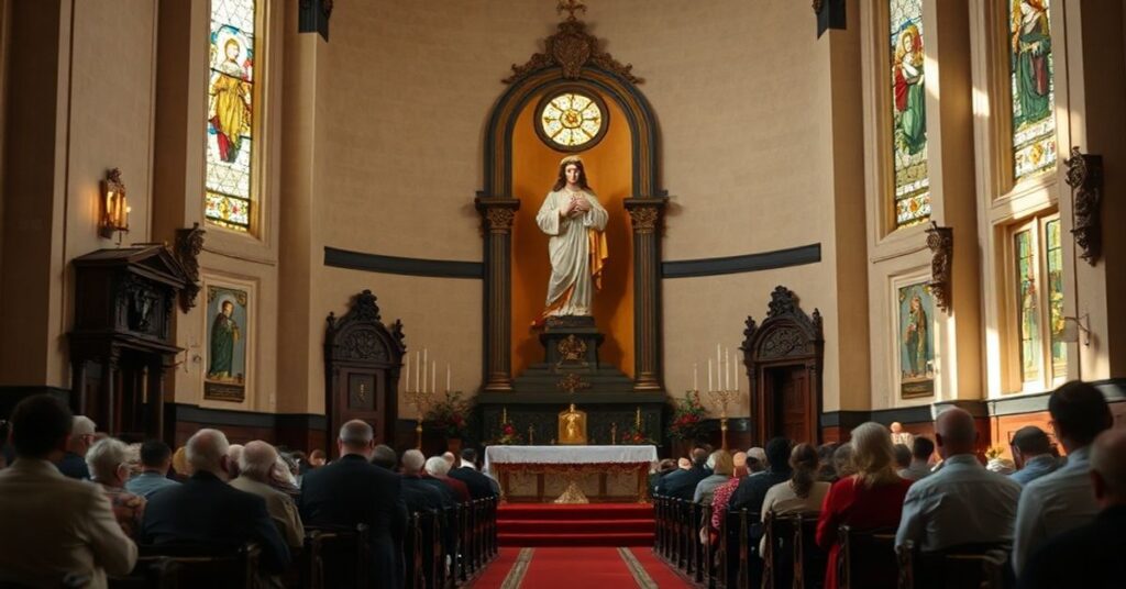 Tradycyjny wnętrze kościoła katolickiego z rzeźbą Najświętszego Serca Jezusowego, oświetlone naświetleniem naturalnym przez witraże.
