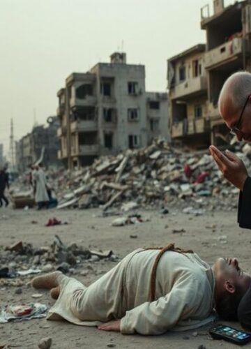 Naloty na Iran: brak moralnego kontekstu Obraz przedstawiający skutki amerykańsko-izraelskich nalotów na Iran, z zaciętym księdzem modlącym się nad rannym cywilem na tle zniszczeń.