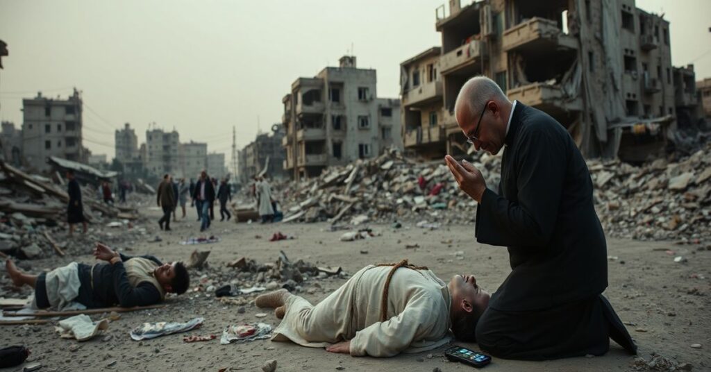 Obraz przedstawiający skutki amerykańsko-izraelskich nalotów na Iran, z zaciętym księdzem modlącym się nad rannym cywilem na tle zniszczeń.