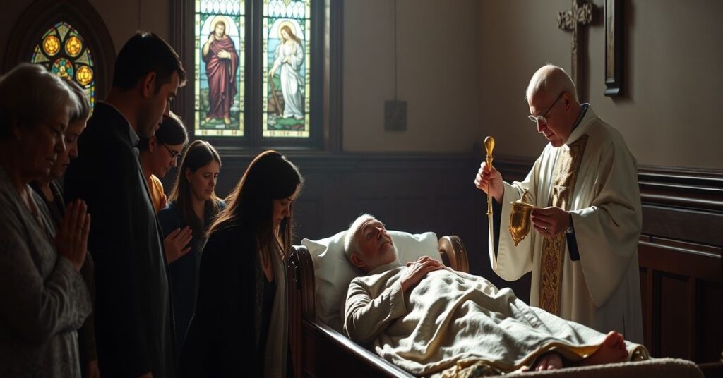 Tradycyjna kaplica katolicka z księdzem udzielającym sakramentu namaszczenia chorych starszemu mężczyźnie w łóżku, otoczonemu modlącymi się wiernymi.