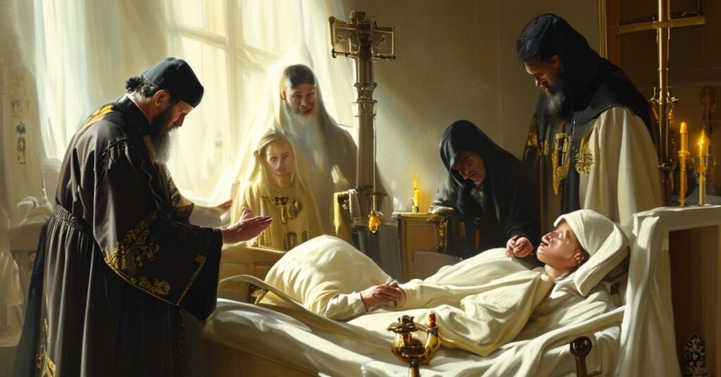 Sekwencja przedstawiająca katolickiego księdza udzielającego sakramentu namaszczenia chorym dziecku w szpitalu