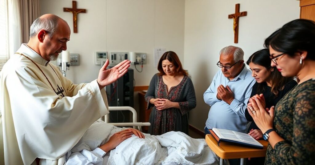 Książ w tradycyjnych szatach liturgicznych udziela Sakramentu Namaszczenia Chorych w szpitalnym pokoju, otoczony modlącymi się memberami rodziny. Scena podkreśla sakralny charakter sakramentu.