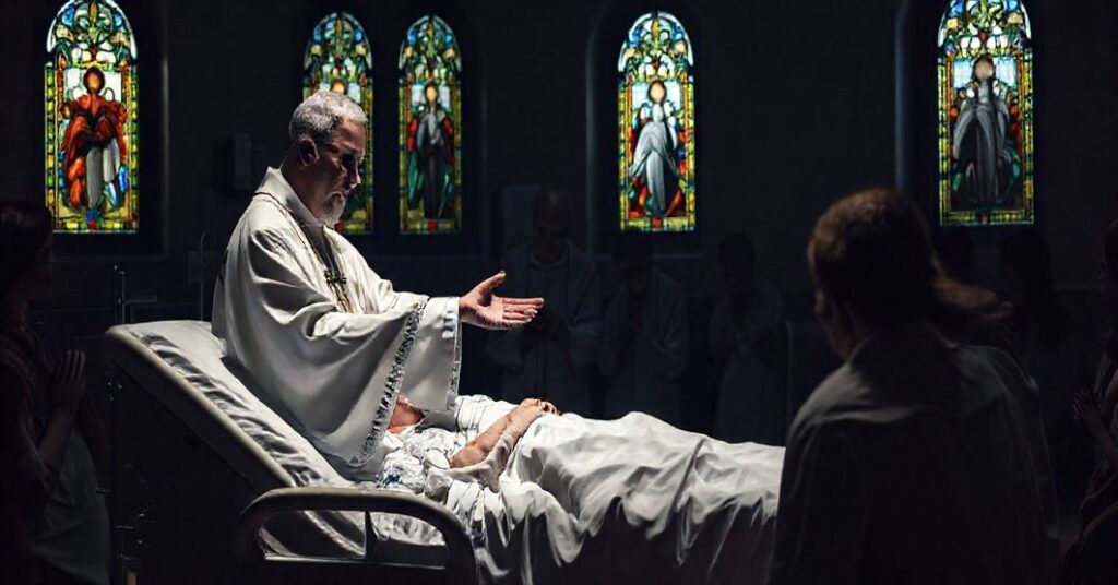 Tradycyjny kapłan katolicki udziela sakramentu namaszczenia chorych w szpitalnym kaplicy, otoczony wierzącymi w modlitwie.