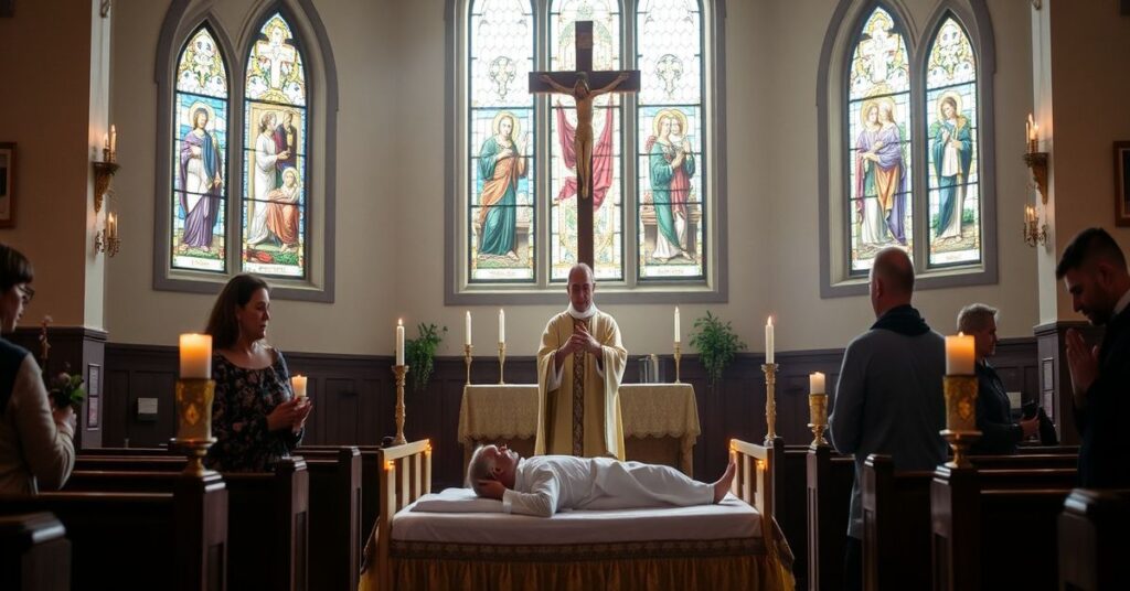 Tradycyjna katolicka scena sakramentu namaszczenia chorego w kościele z rodzinną modlitwą i symbolami Chrystusa.