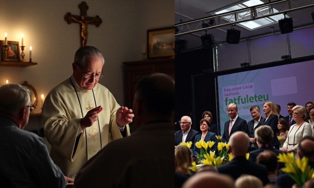 Katolicki kapłan udziela namaszczenia chorych w hospicjum przy świątym krzyżu i ikonach religijnych