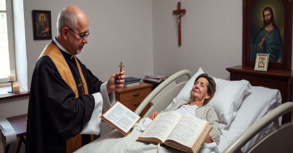 Tradycyjny katolicki ksiądz udziela namaszczenia chrześcijanina na łoży śmierci w szpitalu przy świecach i ikonach religijnych.