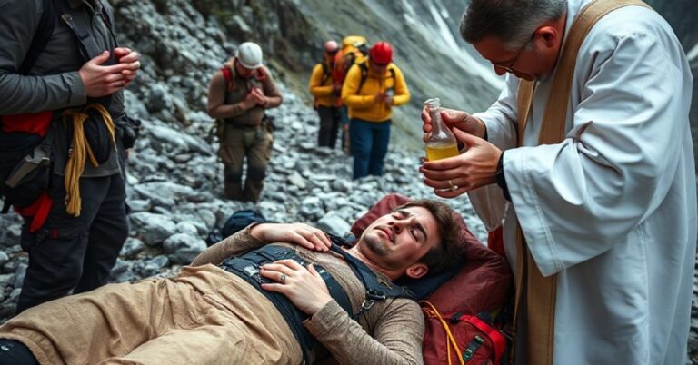 Kapłan w tradycyjnym stroju wykonuje namaszczenie święte dla poszkodowanego w wypadku na tatrzańskim szlaku. Wokło stoją ratownicy i modlący się pielgrzymi.