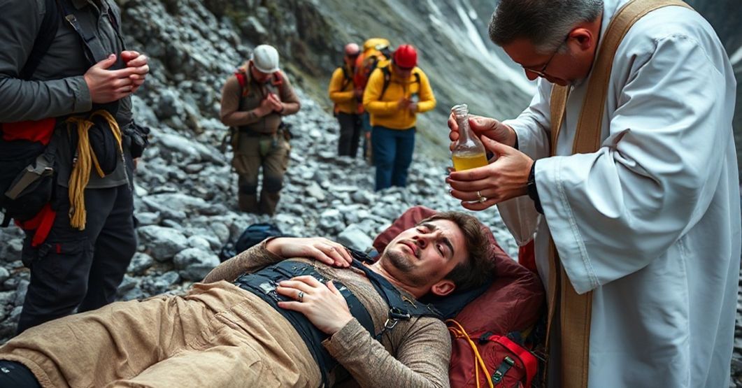 Kapłan w tradycyjnym stroju wykonuje namaszczenie święte dla poszkodowanego w wypadku na tatrzańskim szlaku. Wokło stoją ratownicy i modlący się pielgrzymi.