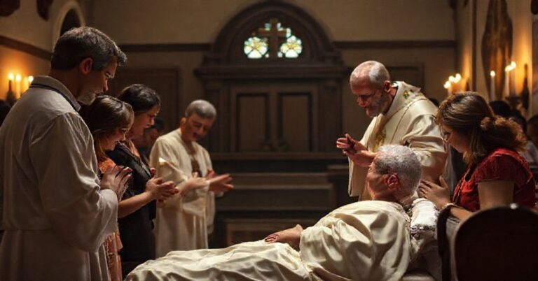 Tradycyjna kaplica z chorym otrzymującym sakrament namaszczenia chorych od księdza, otoczony modlącą się rodziną w atmosferze świętości i pokoju.