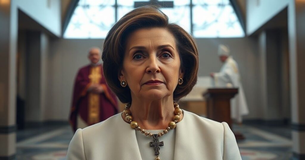 Portret Nancy Pelosi w nowoczesnym kościele katolickim z różańcem w ręku, ukazujący dwoistość jej publicznej pobożności i politycznej ambicji