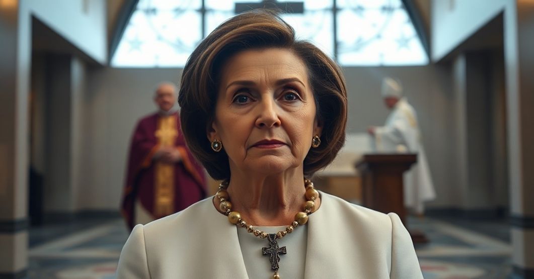 Portret Nancy Pelosi w nowoczesnym kościele katolickim z różańcem w ręku, ukazujący dwoistość jej publicznej pobożności i politycznej ambicji