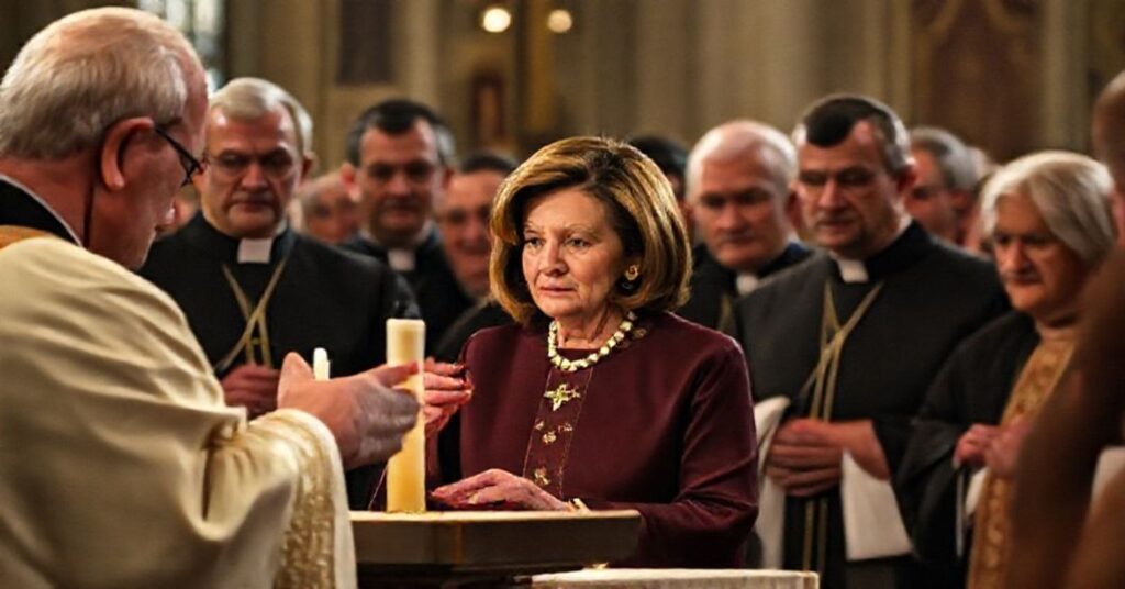 Scena Mszy św. w tradycyjnym kościele z grupą kapłanów w sutannach Patrycjuszowskich, w tłku Nancy Pelosi w modernnym stroju świeckim przyjmująca Komunię.