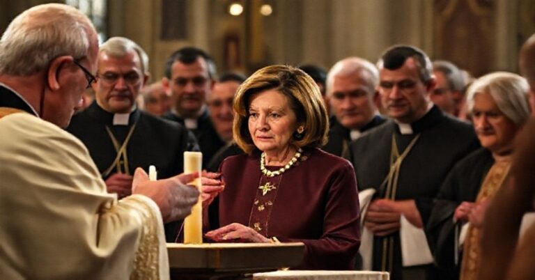 Scena Mszy św. w tradycyjnym kościele z grupą kapłanów w sutannach Patrycjuszowskich, w tłku Nancy Pelosi w modernnym stroju świeckim przyjmująca Komunię.