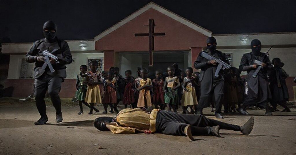 Mroczna scena napadu na katolicką szkołę w Papiri w Nigerii, gdzie uzbrojeni napastnicy porywają dzieci.