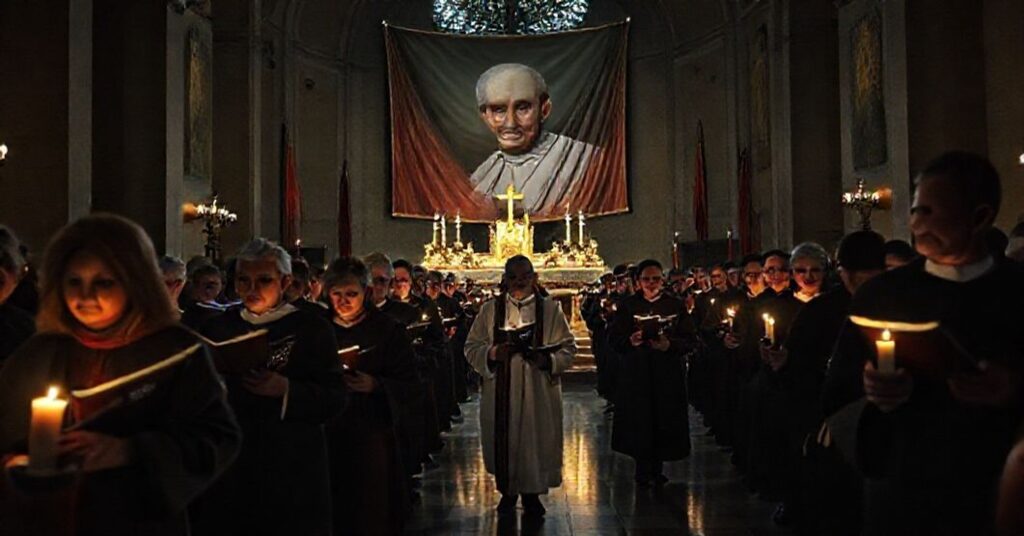 Pielgrzymi modlący się podczas Narodowego Marszu Papieskiego przed zbezczeszczonym ołtarzem kośielnym z transparentem Jana Pawła II.