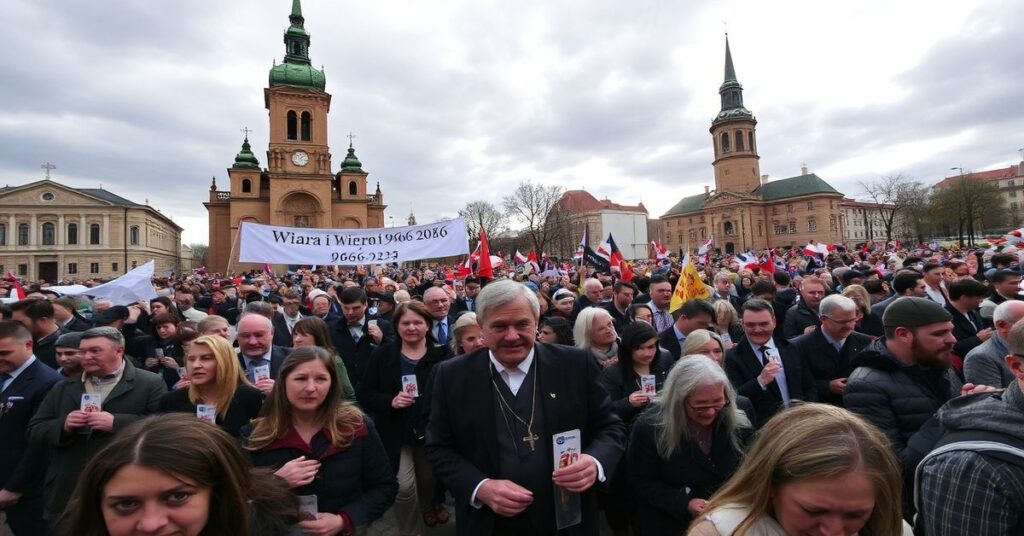 Zdjęcie przedstawia Narodowy Marsz Życia w Warszawie z udziałem prezydenta Karola Nawrockiego. Tysiące wiernych modlą się i marszują pod hasłem 'Wiara i Wierność 966-2026', ukazując swoją wiarę i oddanie ochronie życia.