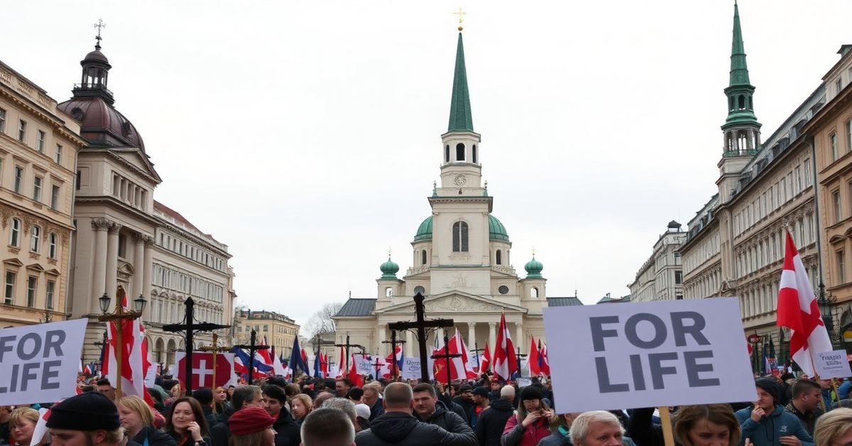 Uroczysty procesja Narodowego Marszu Życia w Warszawie w 2026 roku z grupy ludzi trzymających krzyże i religijne sztandary.