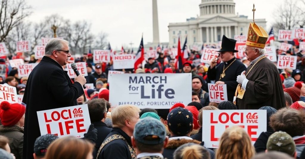 Scena Narodowego Marszu dla Życia w Waszyngtonie w tradycyjnym katolickim kontekście.
