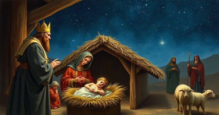 Tradycyjna katolicka scena Narodzenia Pańskiego w Betlejem z podkreśleniem królewskiej godności Chrystusa Króla. Nowonarodzony Jezus w żłobie otoczony przez Marię i Józefa.