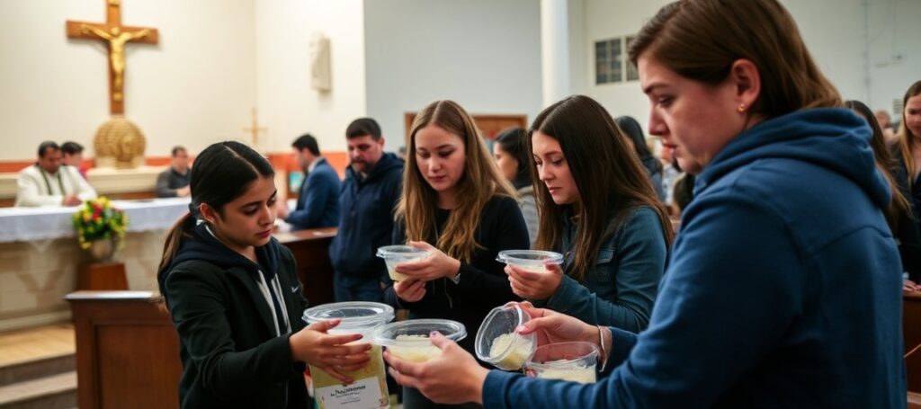 Solemne zdjęcie wnętrza parafii Sagrado Corazón de Jesús w Río Grande podczas Mszy Palmowej 29 marca 2026 roku. Nastolatkowie rozdają Najświętszą Eucharystię z plastikowych misk w niewłaściwy sposób.