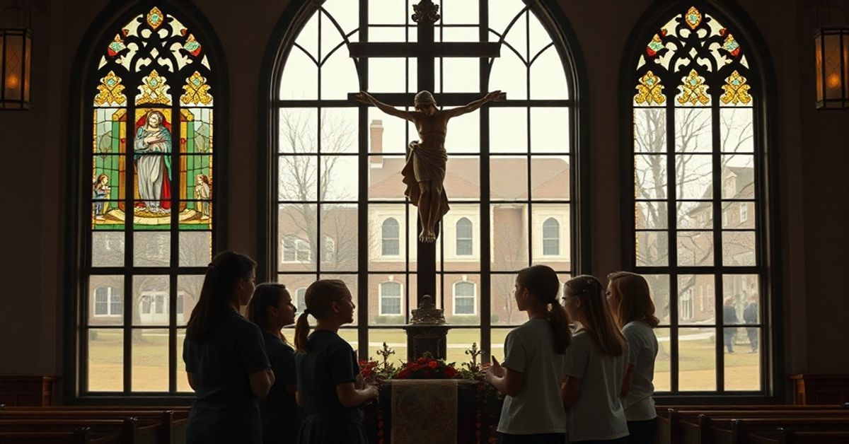 Grupa nastolatków w mundurkach szkolnych modli się przed figurą NMP Bolesnej w tradycyjnym kościele katolickim, z widokiem kampusu Uniwersytetu w Charlotte widocznym przez witraże.