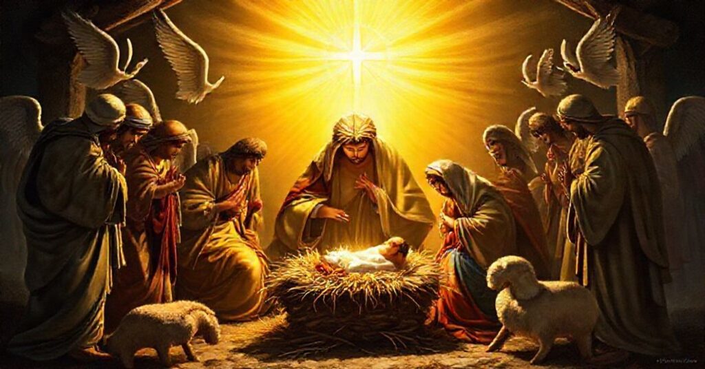 Tradycyjna scenka bożonarodzeniowa z rodziną świętą otoczoną pasterzami i aniołami, podkreślająca boską majestat Chrystusa Króla.