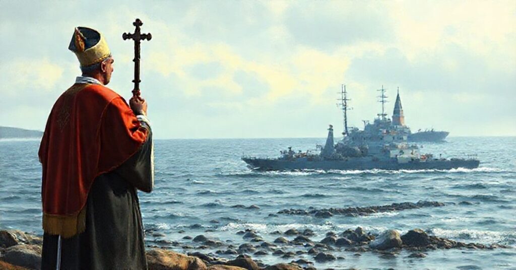 Pogląd katolicki na operację NATO w Zatoce Fińskiej - kleryk przybrzeżny z krzyżem wobec okrętów czyszczących miny morskie.